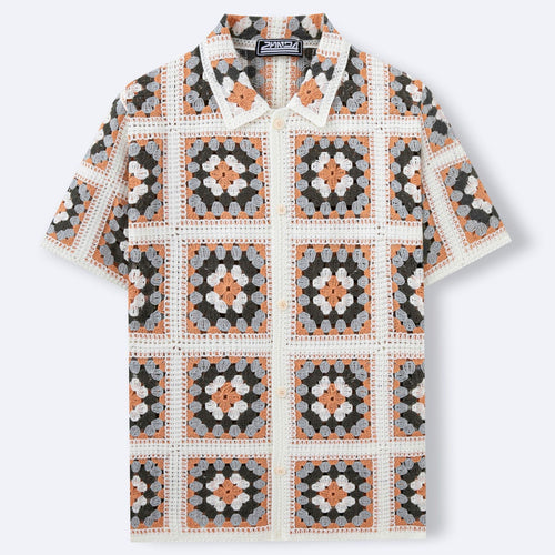 Color-blocked, Openwork, Lapel-neck Short-sleeve Knit Top