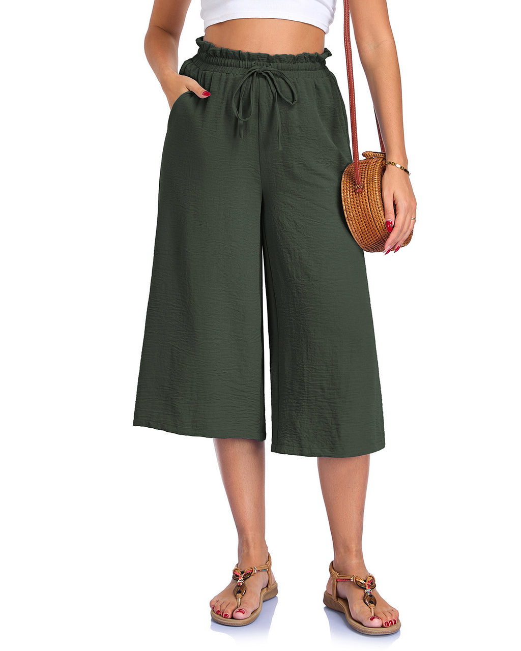 Women's Solid Color All-Match Elastic Cropped Pants Loose Wide-Leg Trousers