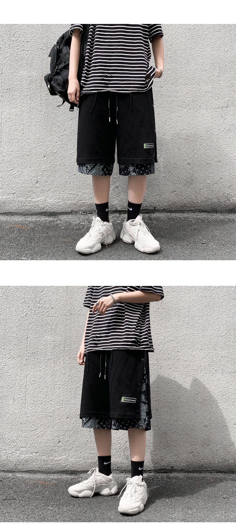 Hong Kong Style Breasted Shorts Men''s Hip Hop Cashew Flower Stitching Loose Fashion