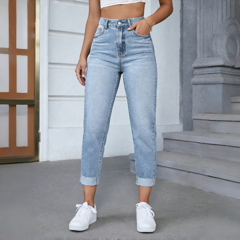 Women's Light Blue Casual Rolled Cuff Ankle-Length Stretch Skinny Jeans For Spring & Summer