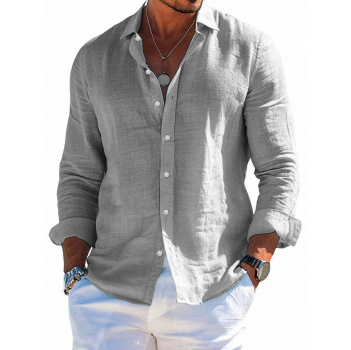 Men's Solid-Colored Lapel Beach Long-Sleeve Shirt