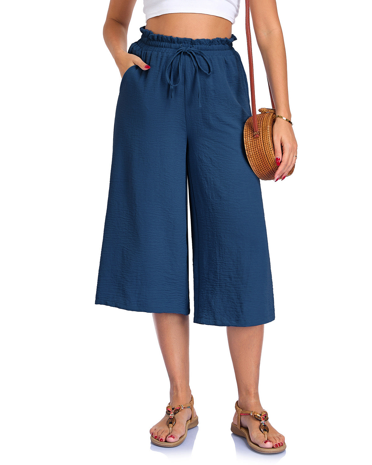 Women's Solid Color All-Match Elastic Cropped Pants Loose Wide-Leg Trousers