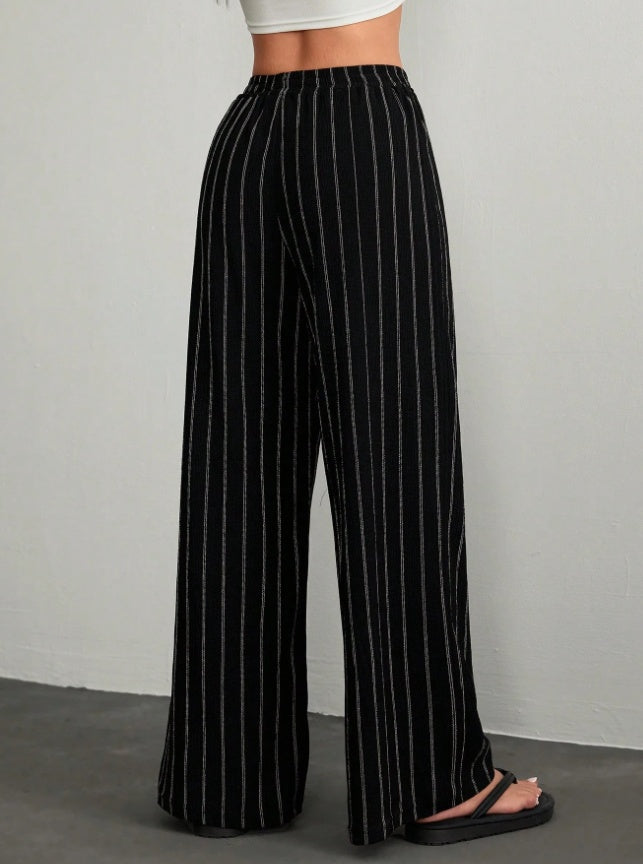 Plus Size High-Waisted Textured Wide-Leg Pants Pear-Shaped Body Slimming 2026 Summer Style Lazy Style Vertical Striped Wide-Leg Pants