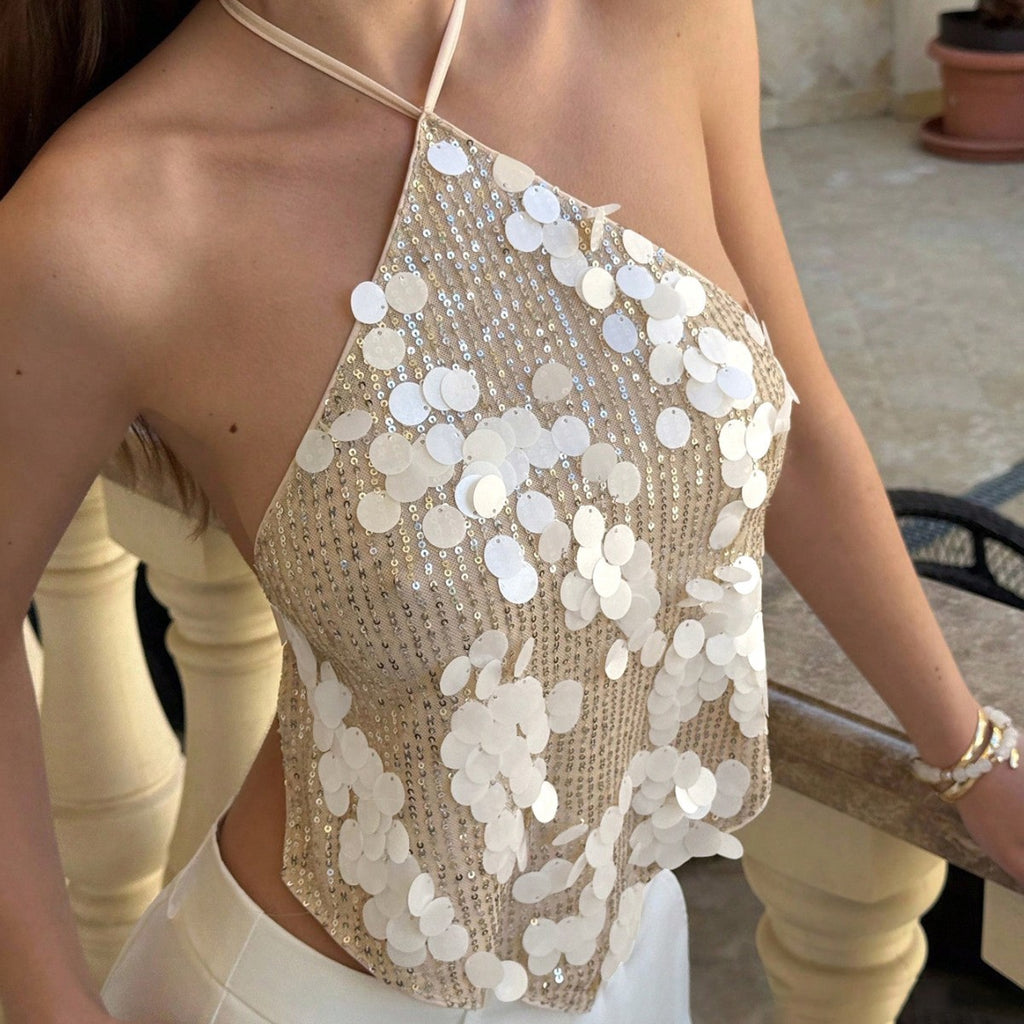 Sequin Halter Deep V-neck Backless Top
