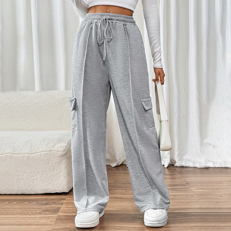 Casual Elastic High-Waist Straight Pants With Patch Pockets