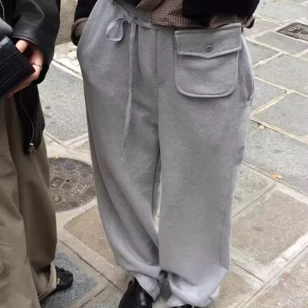 Pair With A Small Waist Bag Fleece-lined Korean-designed Intricately Detailed Vintage-style Casual Pants