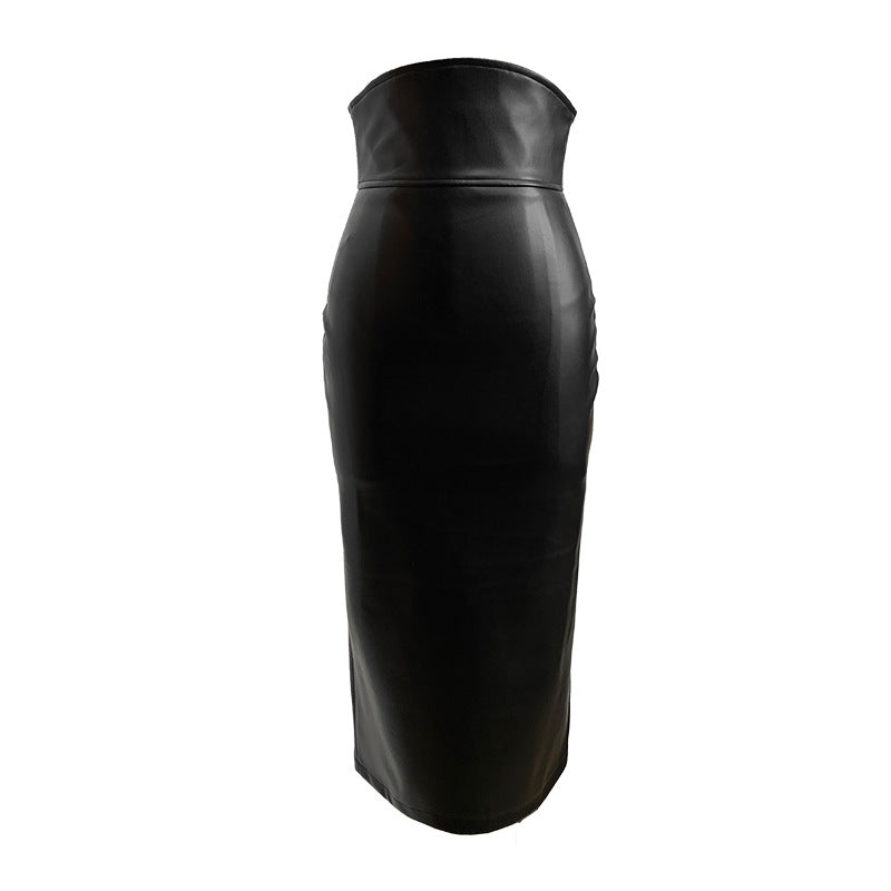 Black High Waist Bag Hip Slim Fit PU Leather Mid-Length Skirt