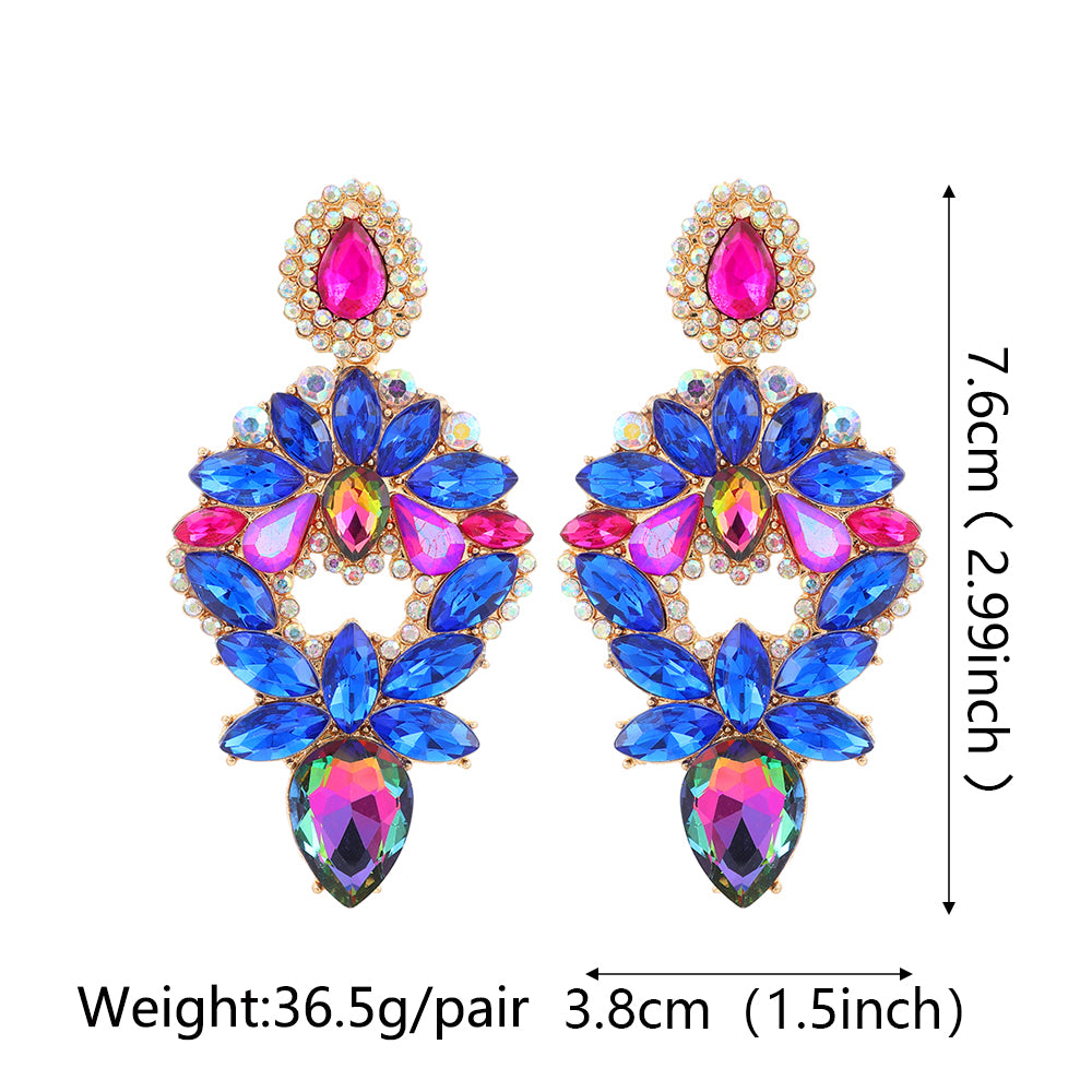 Multi Color Paved Rhinestone Floral Teardrop Dangle Earrings Women Luxury Statement Wedding Prom Formal Party Accessories