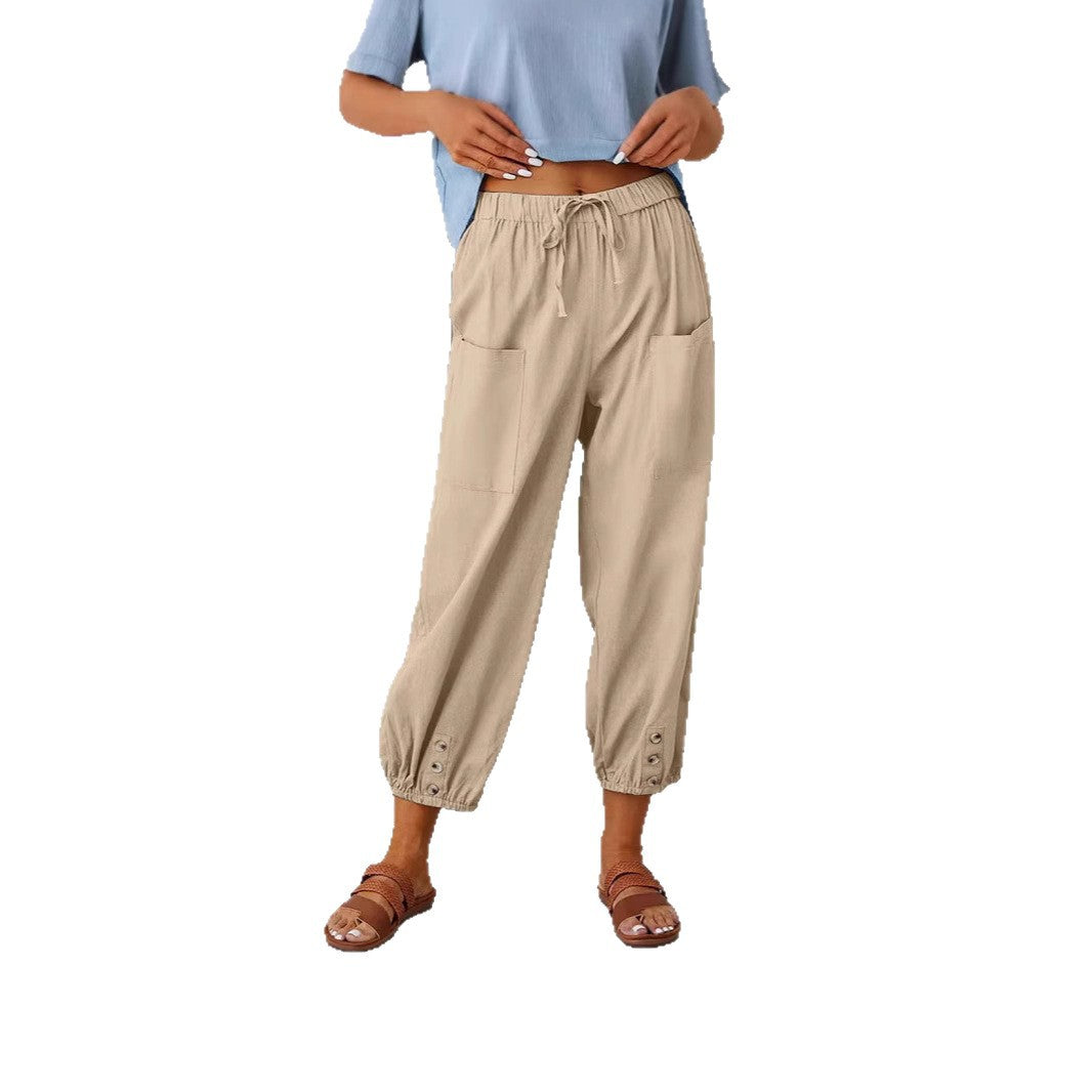 Buttoned Two-tone Linen Cropped Harem Pants