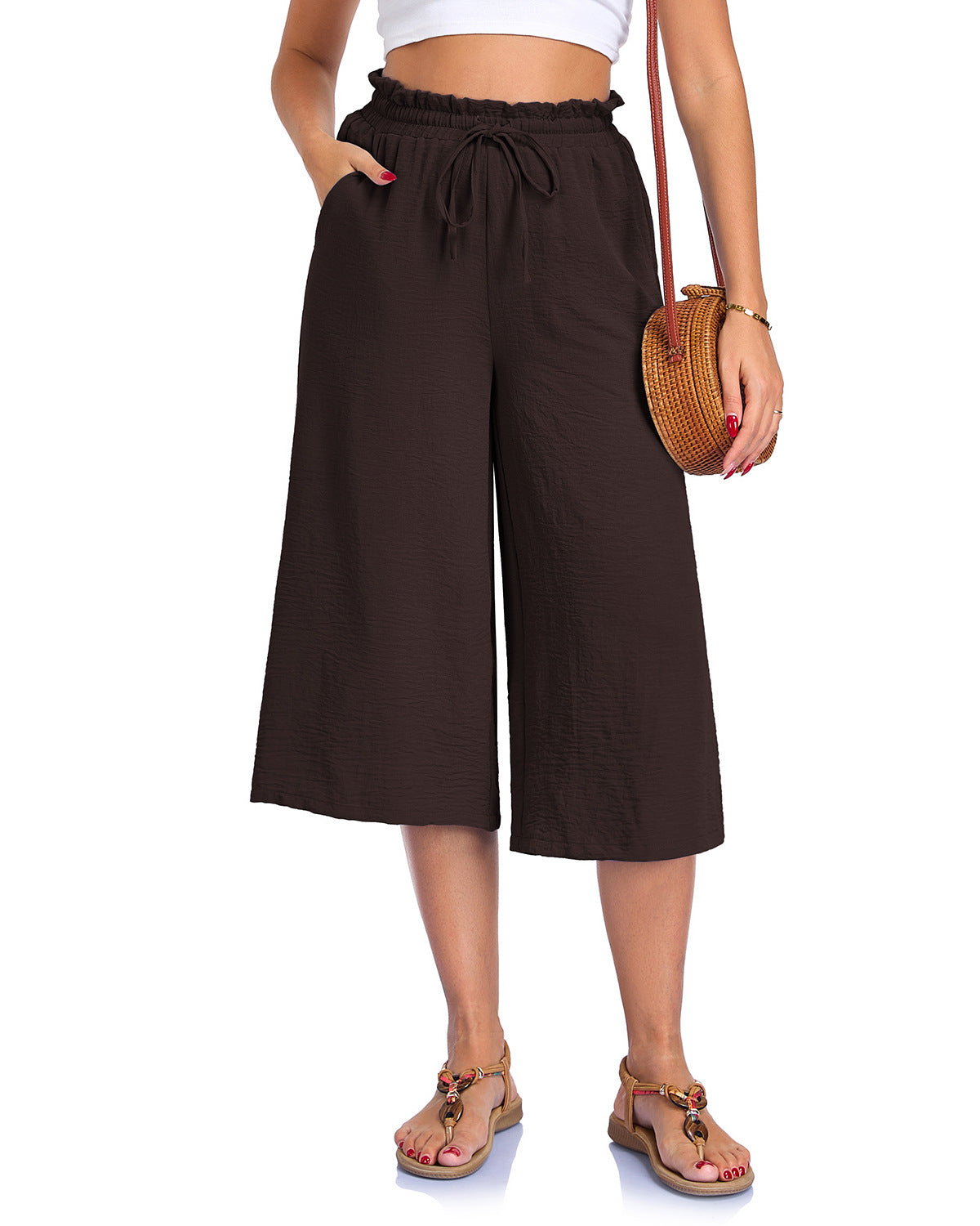 Women's Solid Color All-Match Elastic Cropped Pants Loose Wide-Leg Trousers