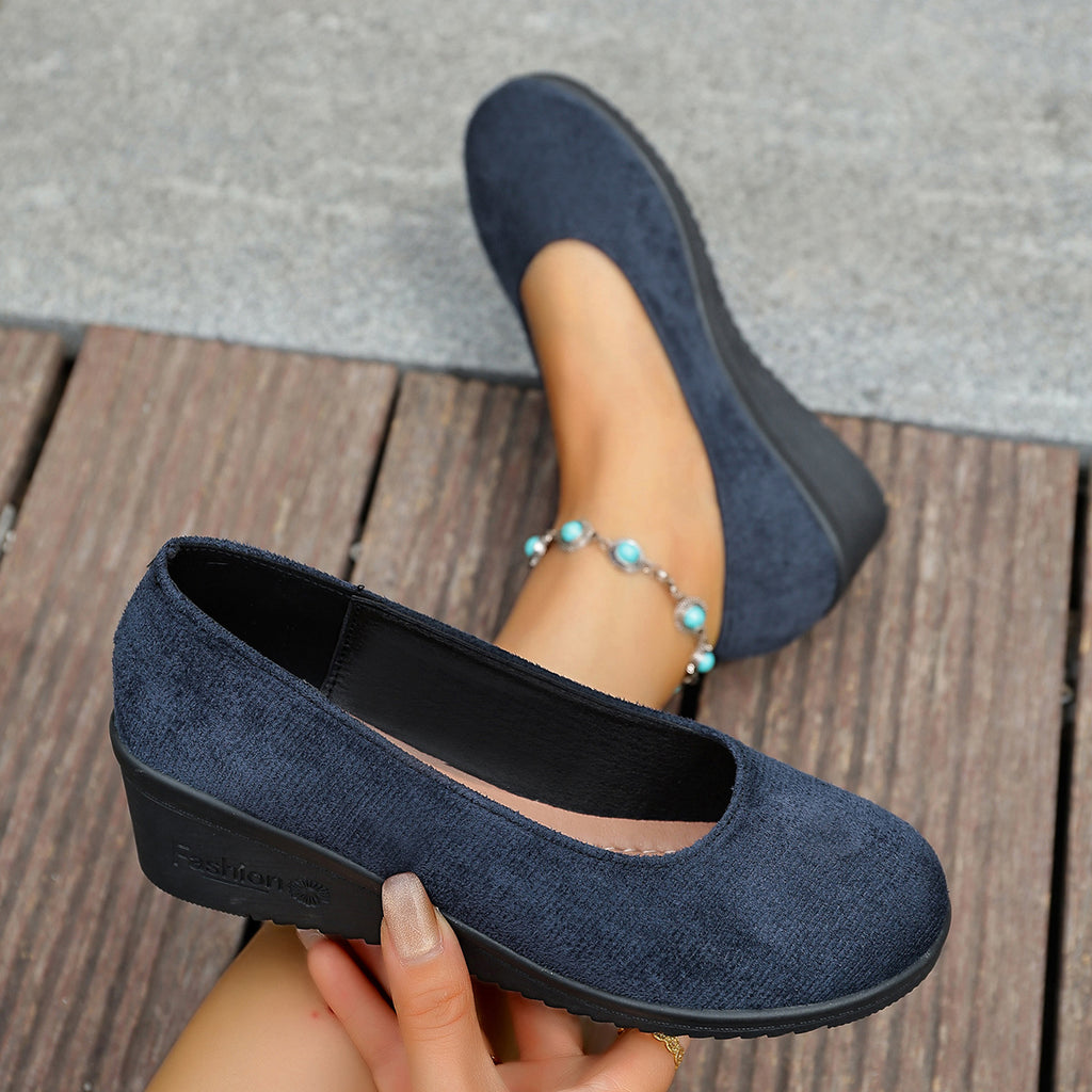 Shallow-toe Round-toe Slip-on Suede Wedge Shoes