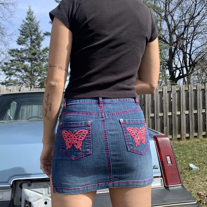 Pocket Symmetrical Personality Butterfly Embroidery Slit Denim Hip  Skirt