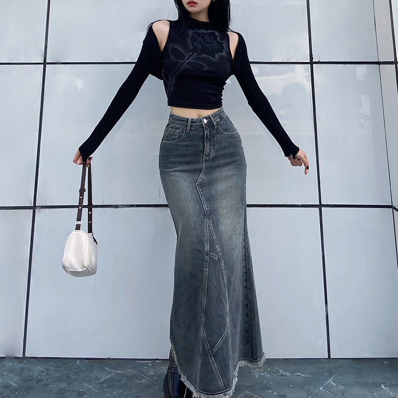 Solid Slim High Waist Denim Skirt
