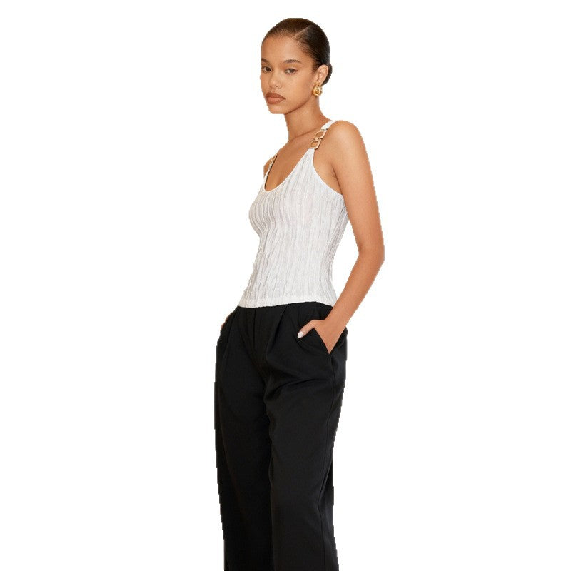 Metal Buckle-design Strappy Pleated Slim-fit Vest