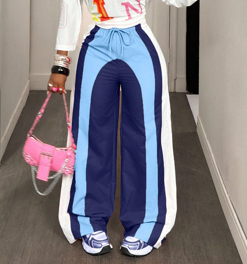 Womens Casual Loose Drawstring Waist Contrasting Color Pants