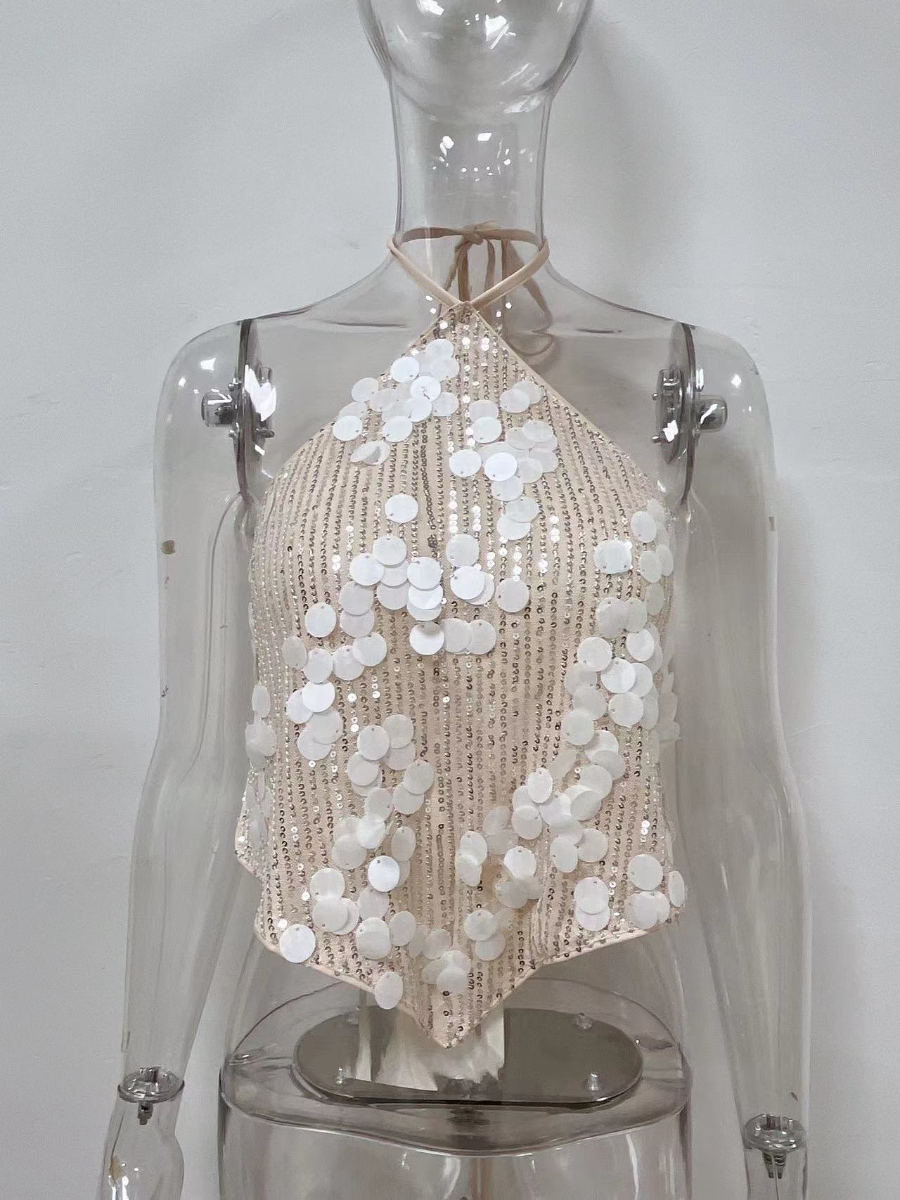 Sequin Halter Deep V-neck Backless Top