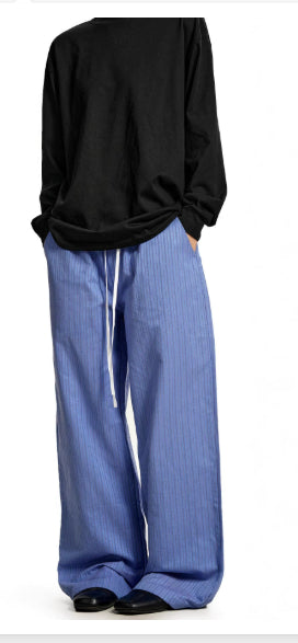 Contrast-color Patchwork Drawstring Elastic Waist Loose Straight-leg Floor-length Sweatpants