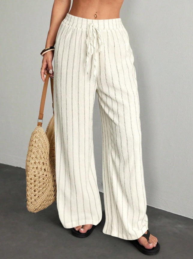 Textured Striped Wide-Leg Pants For Women, Elastic Waist Drawstring Casual Floor-Length Pants