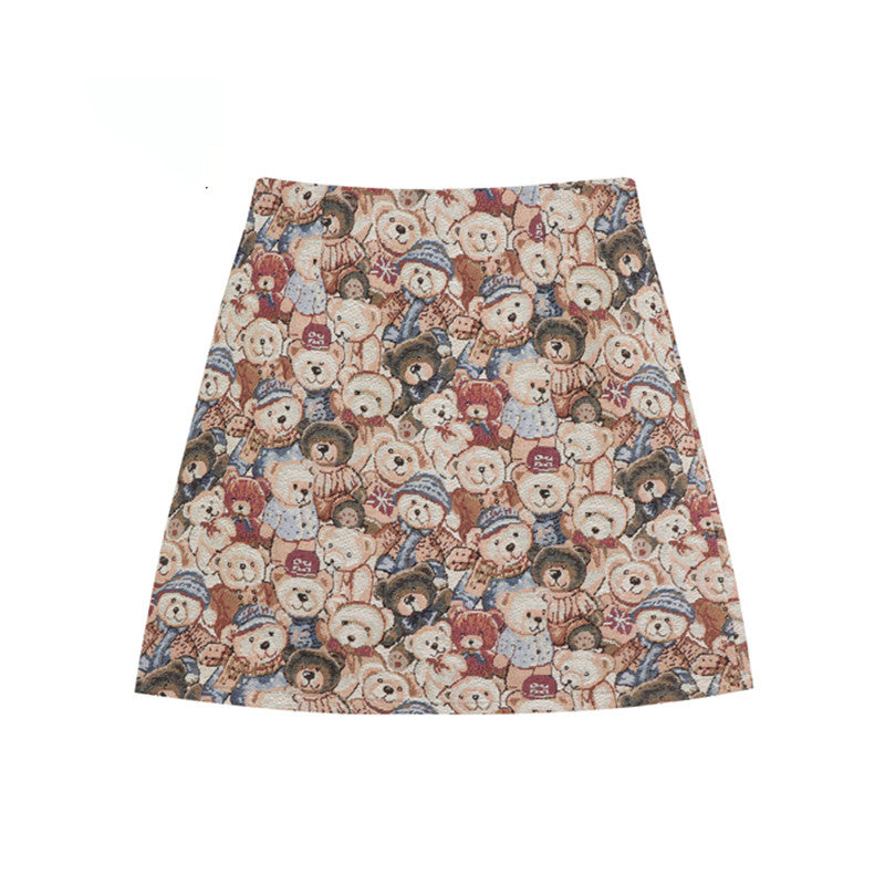 Retro Skirt  High Waist  Slim  Fashionable  Wild  Cute  Bear Short Skirt