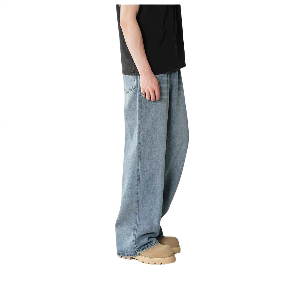 Mens Straight-Leg Relaxed-Fit Vintage Blue Denim Jeans In American Style