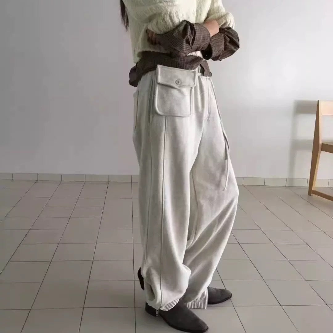 Pair With A Small Waist Bag Fleece-lined Korean-designed Intricately Detailed Vintage-style Casual Pants