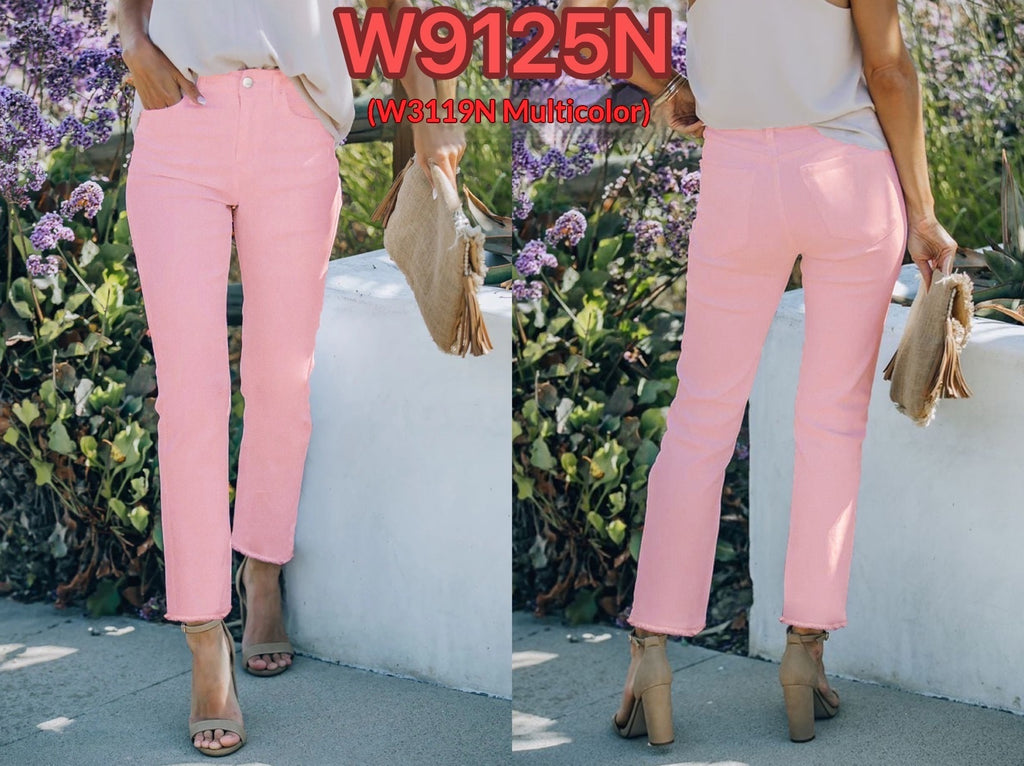 Raw Edge White Stretch Denim Straight Leg Pants