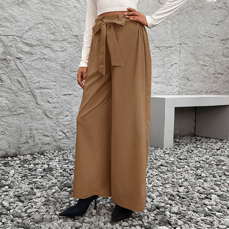 Solid-color Lace-up High-waist Straight-leg Wide-leg Minimalist Chic Versatile Womens Trousers
