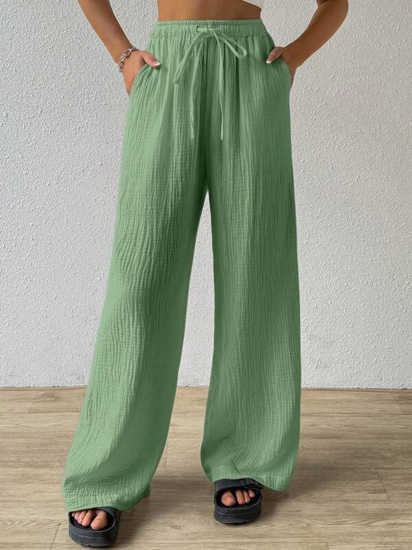Fashionable Womens Versatile Elastic Waist Casual Wide-Leg Pants