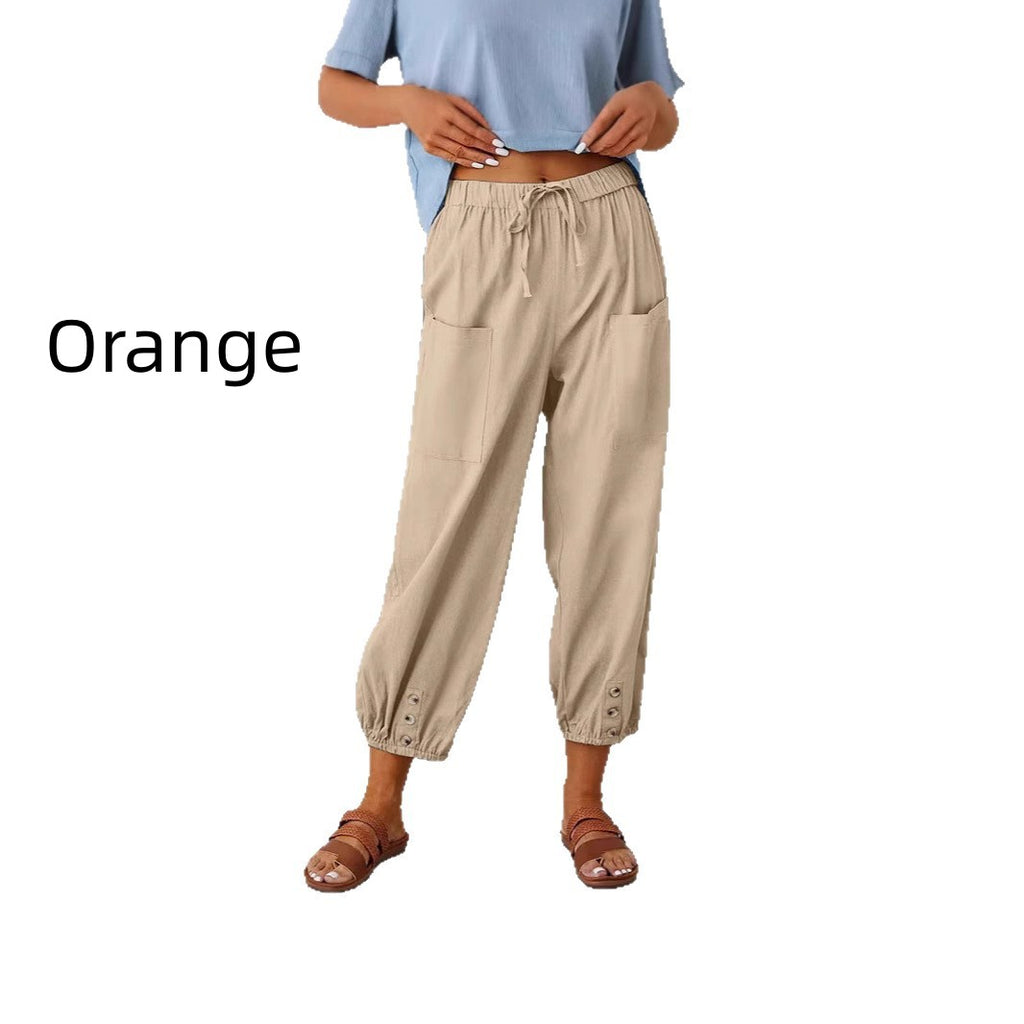 Buttoned Two-tone Linen Cropped Harem Pants