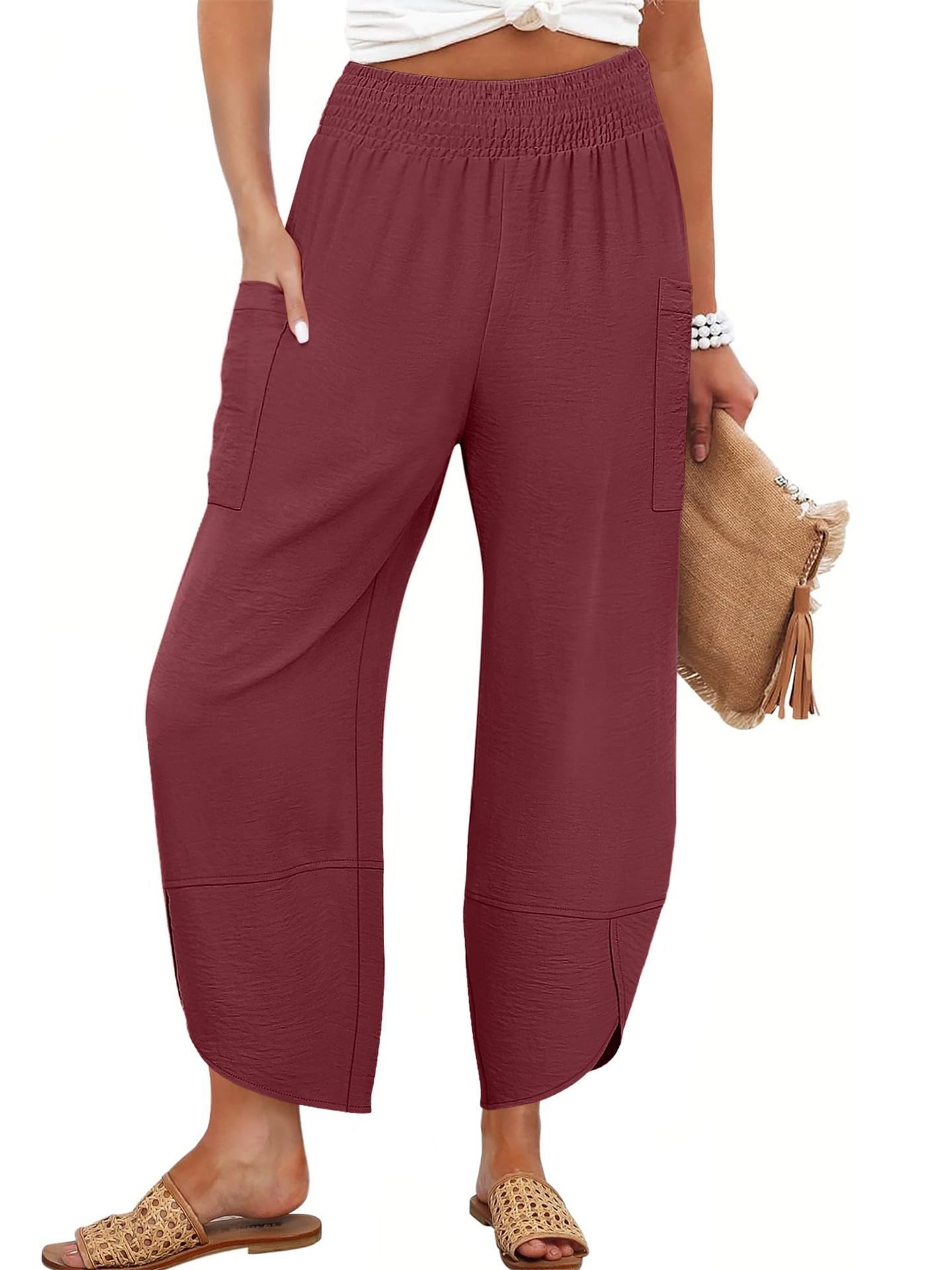 Summer New High-Waist Loose Solid-Color Side-Pocket Cropped Trousers