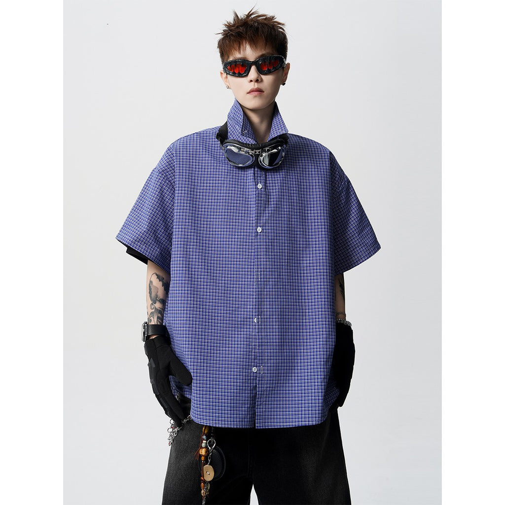 American-style Retro Blue Plaid Preppy Short-sleeve Shirt For Men