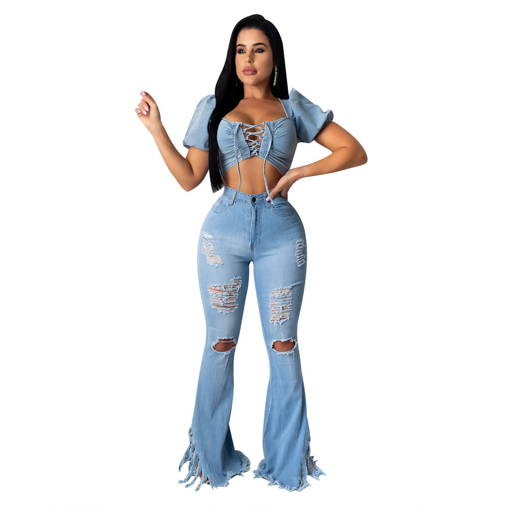 Ripped Fringed Washed Denim Jeans