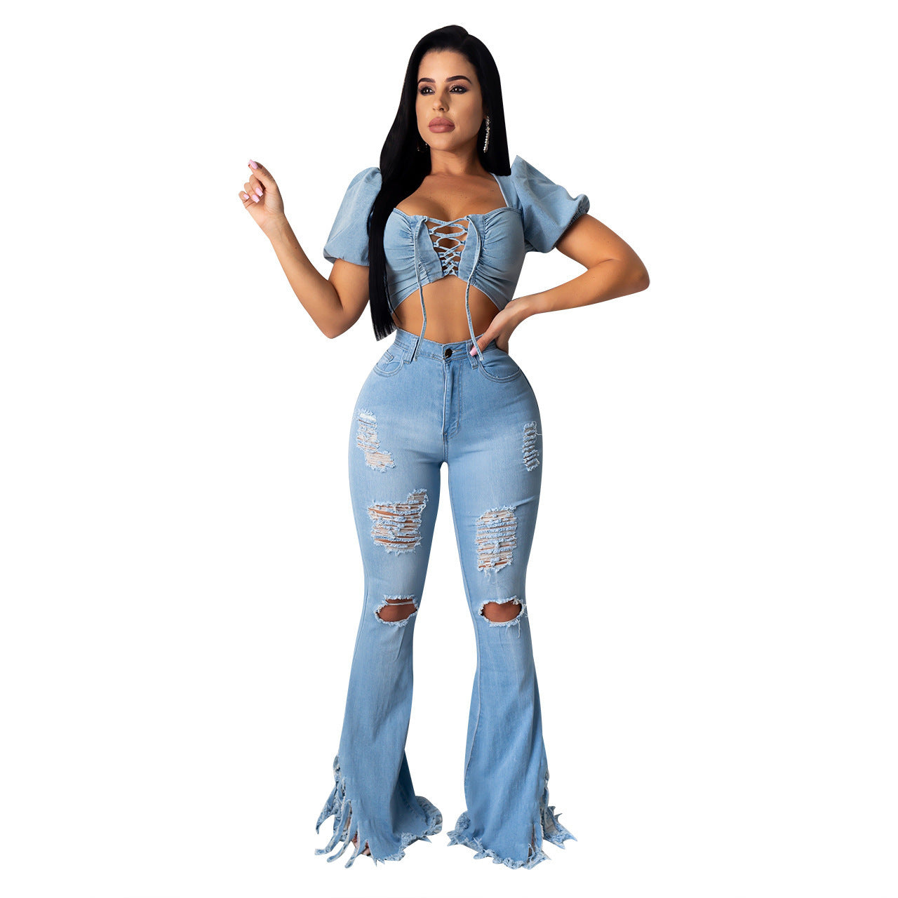 Ripped Fringed Washed Denim Jeans