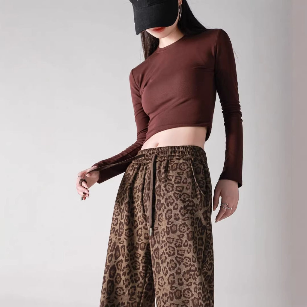 Womens Fleece-Lined Thickened Warm Leopard-Print Drawstring Wide-Leg Pants