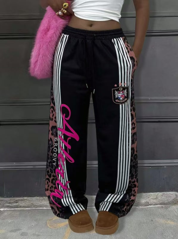 American Style Leopard Print Patchwork Sweatpants For Women, Side Stripes, Printed Letters, Trendy Street Style Casual Wide-Leg Pants
