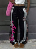 American Style Leopard Print Patchwork Sweatpants For Women, Side Stripes, Printed Letters, Trendy Street Style Casual Wide-Leg Pants
