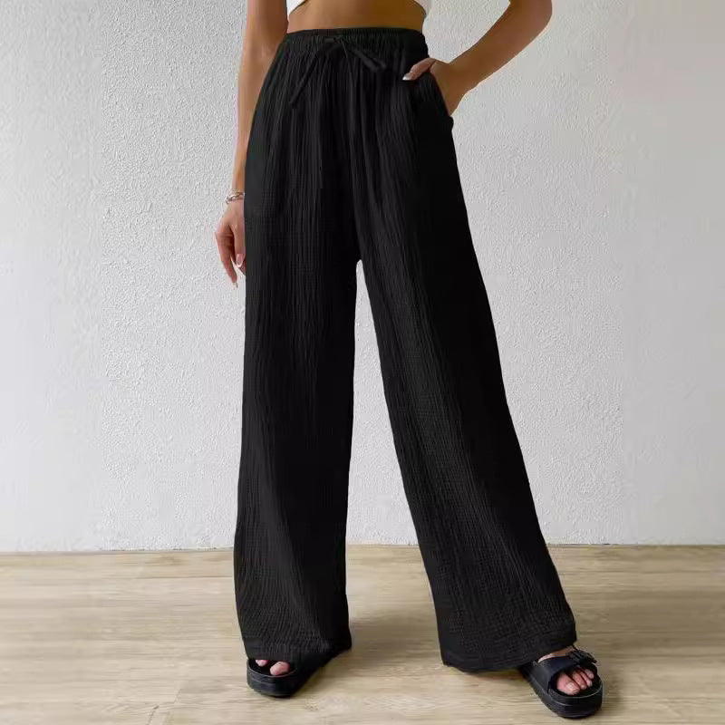 Fashionable Womens Versatile Elastic Waist Casual Wide-Leg Pants