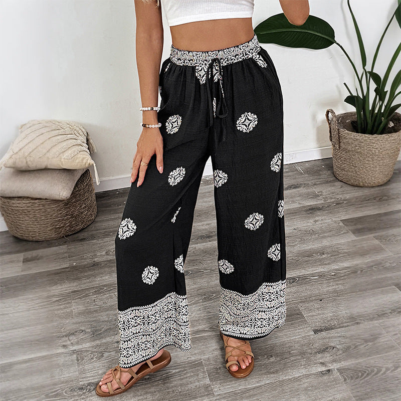 Ethnic-style Printed Straight-Leg Pants With Elastic Waist And Drawstring For Women