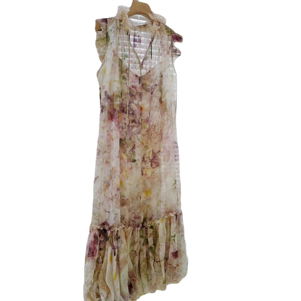 Garden-themed Print Butterfly Dress In Silk Crepe