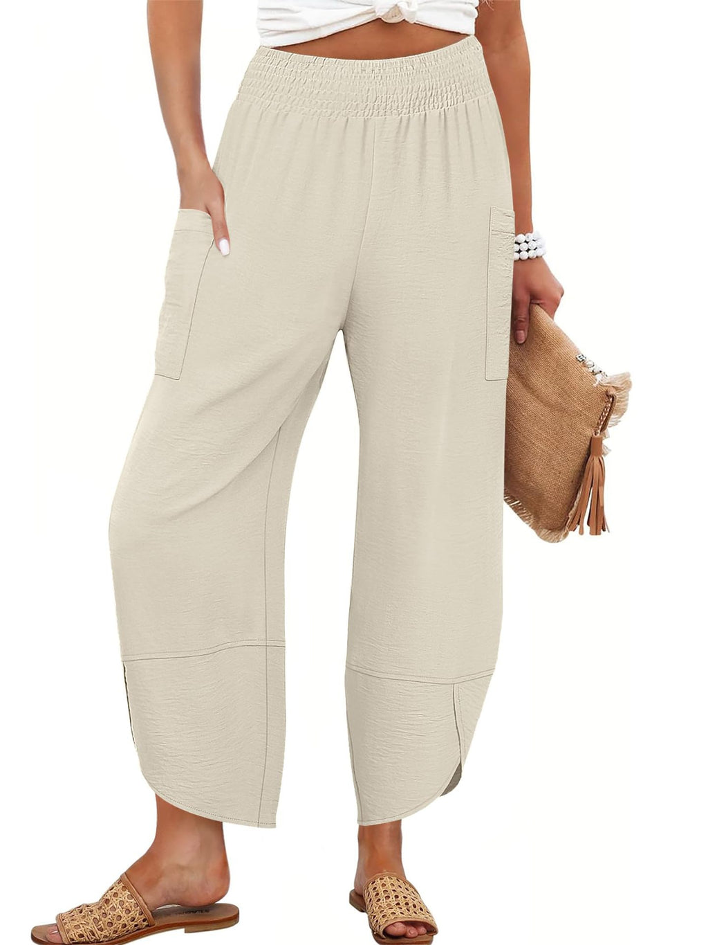 Summer New High-Waist Loose Solid-Color Side-Pocket Cropped Trousers
