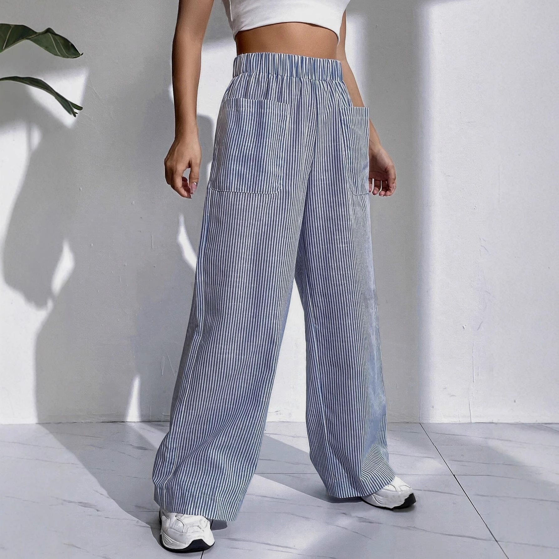 Womens Striped Plaid Printed Wide-Leg Pants