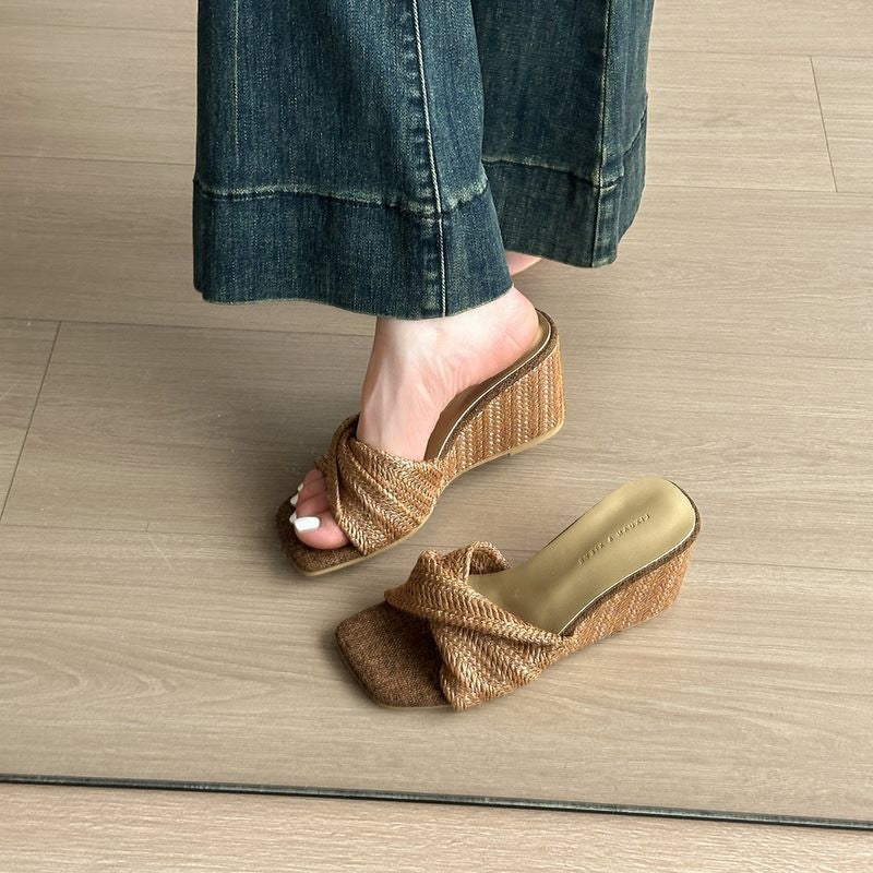 Casual Wedge Heel Vacation Slide Sandals, Open Toe One-Strap Slippers For Women's Outdoor Wear, Woven, Versatile, Square Toe, Retro Style