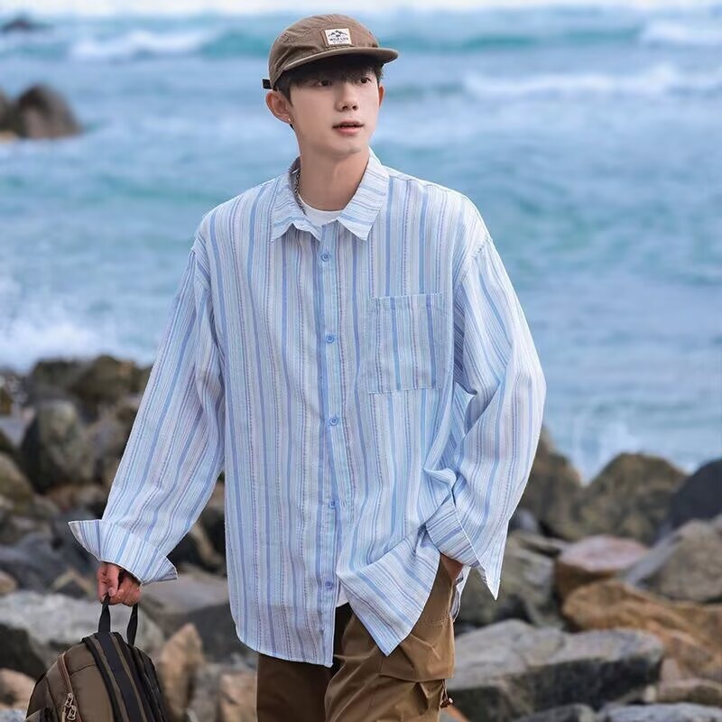 Versatile Sun-Protective Long-Sleeve Shirt Loose-Fit Striped Casual Mens Shirt