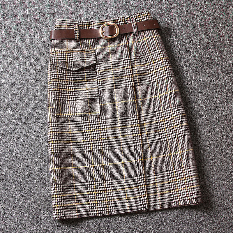 Woolen Plaid Women's Mid-length High Waist Slit One-step Hip Skirt