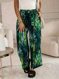 Elastic-waist Casual Wide-leg Pants With A Leaf Print Green