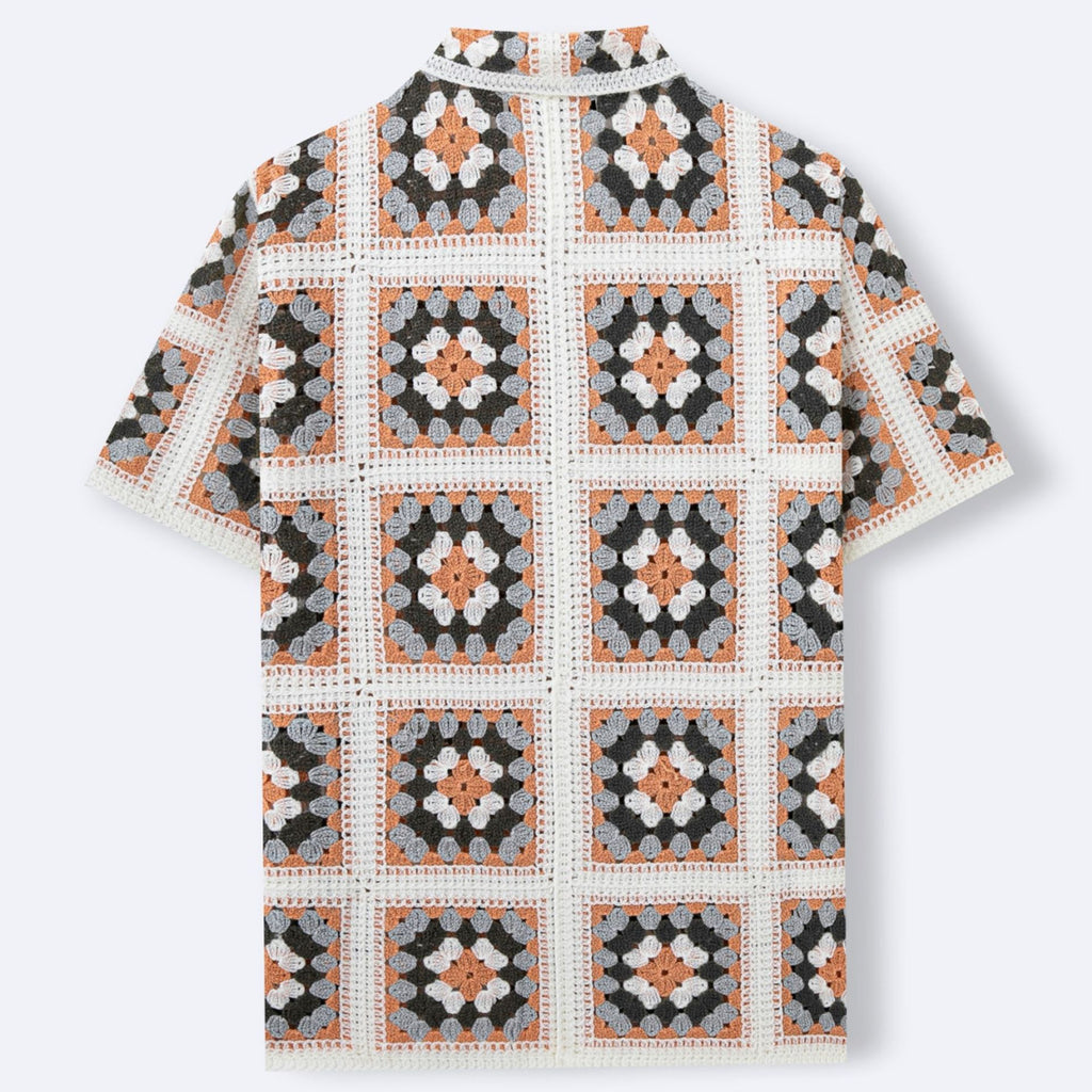 Color-blocked, Openwork, Lapel-neck Short-sleeve Knit Top