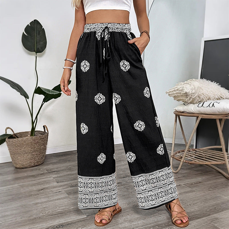 Ethnic-style Printed Straight-Leg Pants With Elastic Waist And Drawstring For Women