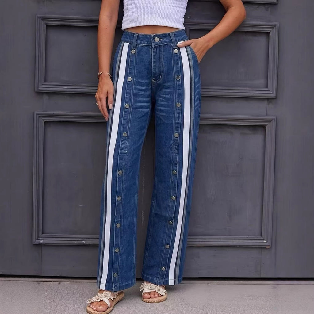 Fashionable Retro Personalized Flared Split Hem Color-Block Wide-Leg Floor-Length Womens Denim Trousers