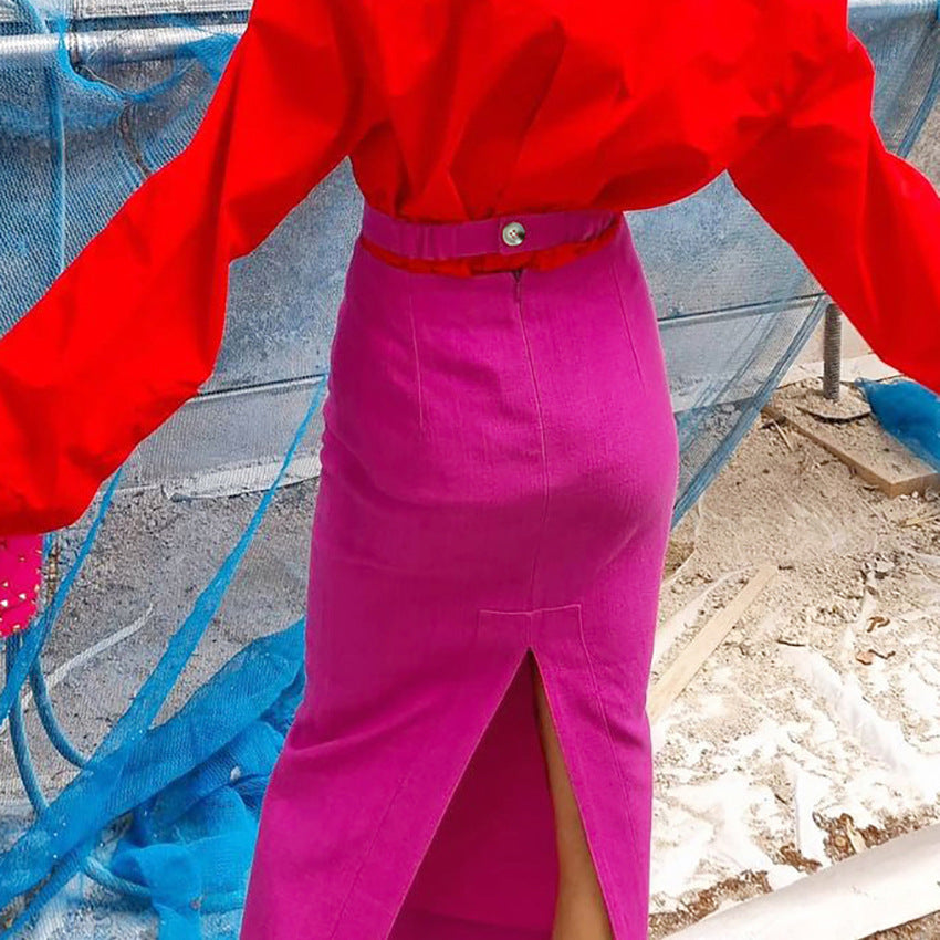 Autumn Women's High Waist Slit Cotton And Linen Slim Skirt