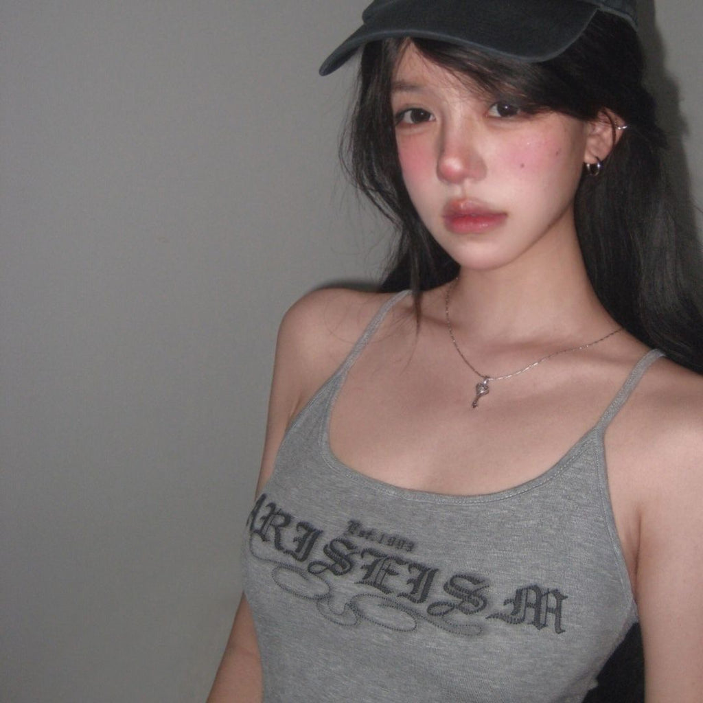 Womens Gray Letter-Print Camisole For Summer
